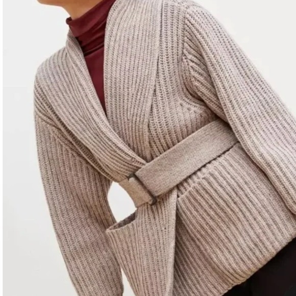 MM Lafleur Sweaters - MM LaFleur New York Shawl Collar Ribbed Knit Belted Cardigan Sweater M/L Taupe